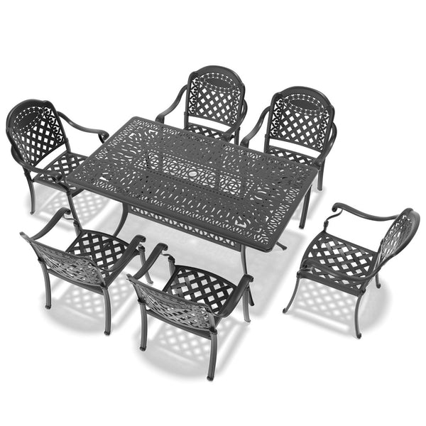 English Elm 7-piece Cast Aluminum Outdoor Dining Set Ornate Petal Motif Patio Furniture W1710S00622