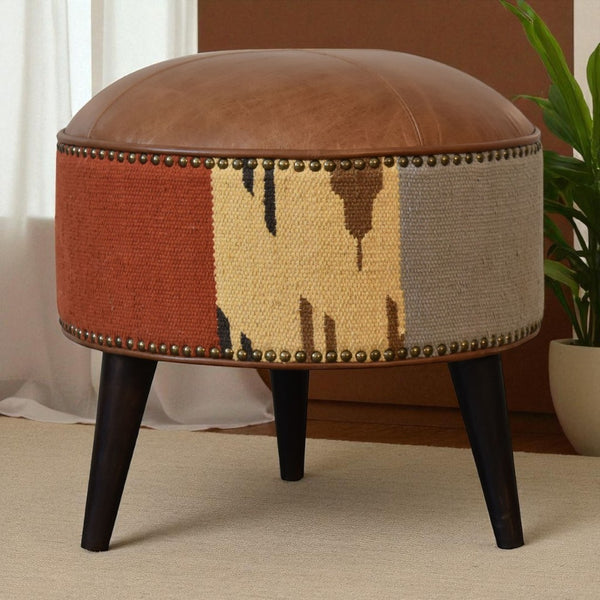 English Elm Solid Buffalo Leather Durrie Fabric Cube Footstool with Walnut Nordic Tapered Legs B182P280809