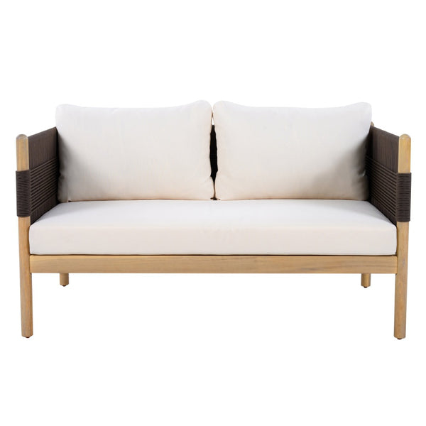 English Elm Outdoor Acacia Wood Loveseat Handwoven Rope Weave Patio Seating with Cushions Black,Cream,Light Teak N768P361444L