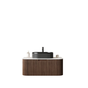 English Elm Dina Floating Bathroom Vanity Sintered Stone Top Glass Basin Striped Plywood Cabinet W2615S00202