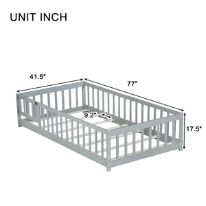English Elm Twin Solid Rubberwood Floor Bed with Full Perimeter Safety Rails for Toddler Rooms Grey W504P296776