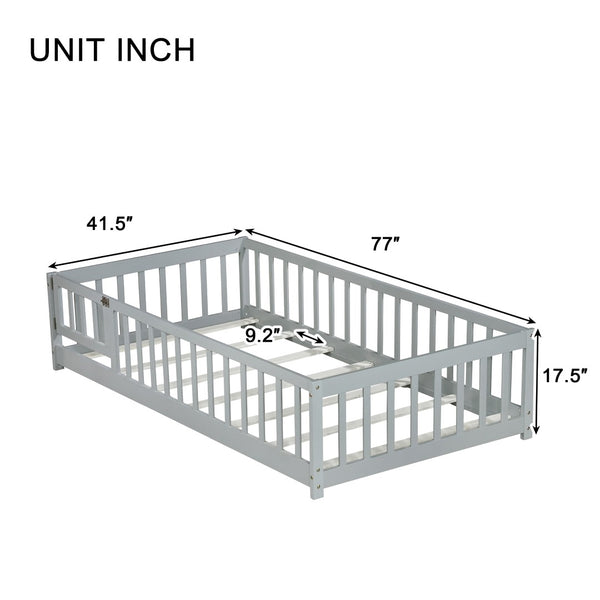 English Elm Twin Solid Rubberwood Floor Bed with Full Perimeter Safety Rails for Toddler Rooms Grey W504P296776