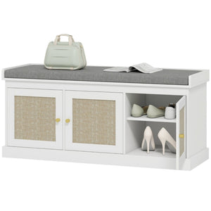 English Elm Shoe Storage Bench with Rattan Cabinet Doors Oak Frame Cushioned Entryway Seat T3971P405347