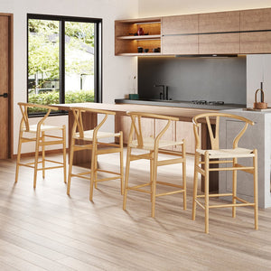 English Elm Wishbone Rattan Barstool with Woven Papercord Seat, Solid Ash Wood, Eco-Friendly Finish, Fully Assembled Natural T3623P379819