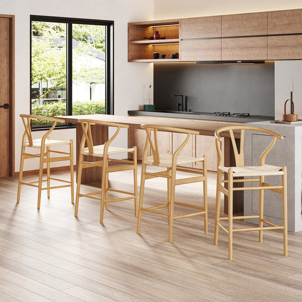 English Elm Wishbone Rattan Barstool with Woven Papercord Seat, Solid Ash Wood, Eco-Friendly Finish, Fully Assembled Natural T3623P379819