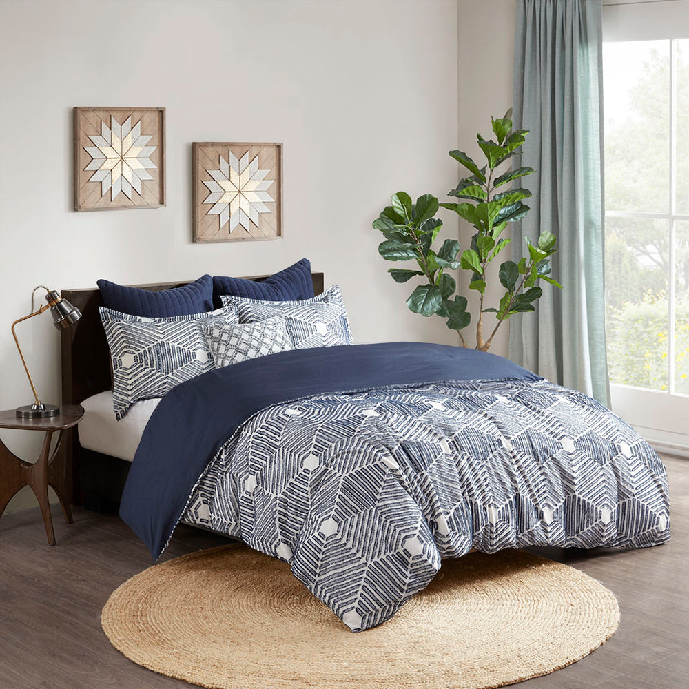 JLA Home INK+IVY - Cotton Ellipse Jacquard Duvet Cover Set — Reversible Navy Geometric Texture, OEKO‑TEX Certified Comfort 92 L x 88 W x 0.13H II12-1071