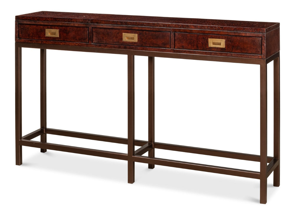 Sarreid Campaign Embossed Console - Luxurious Dark Brown Leather With Wood, Iron, Brass Accents For Style Brown  29859