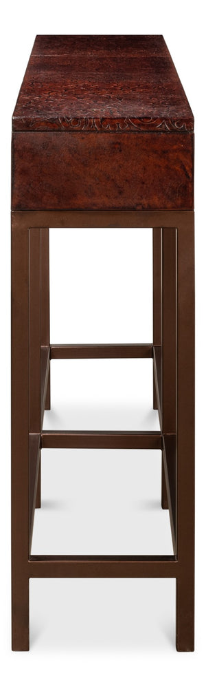 Sarreid Campaign Embossed Console - Luxurious Dark Brown Leather With Wood, Iron, Brass Accents For Style Brown  29859