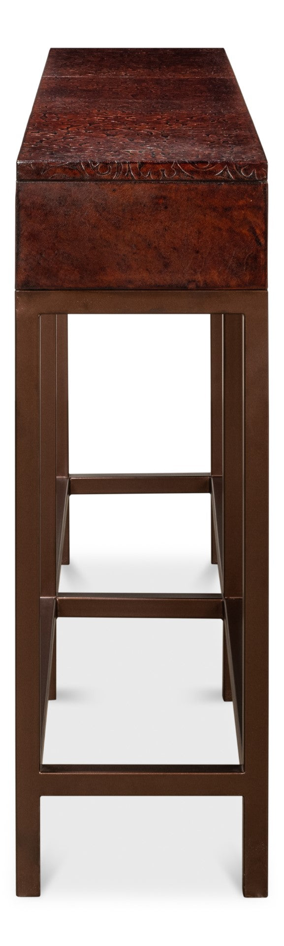 Sarreid Campaign Embossed Console - Luxurious Dark Brown Leather With Wood, Iron, Brass Accents For Style Brown  29859