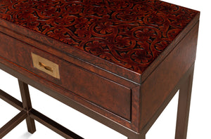 Sarreid Campaign Embossed Console - Luxurious Dark Brown Leather With Wood, Iron, Brass Accents For Style Brown  29859