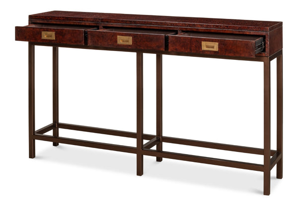 Sarreid Campaign Embossed Console - Luxurious Dark Brown Leather With Wood, Iron, Brass Accents For Style Brown  29859