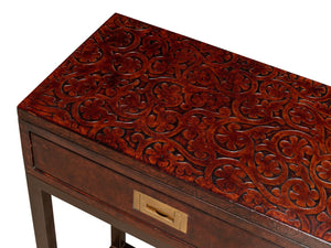 Sarreid Campaign Embossed Console - Luxurious Dark Brown Leather With Wood, Iron, Brass Accents For Style Brown  29859