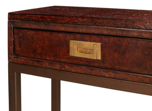 Sarreid Campaign Embossed Console - Luxurious Dark Brown Leather With Wood, Iron, Brass Accents For Style Brown  29859