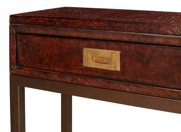 Sarreid Campaign Embossed Console - Luxurious Dark Brown Leather With Wood, Iron, Brass Accents For Style Brown  29859