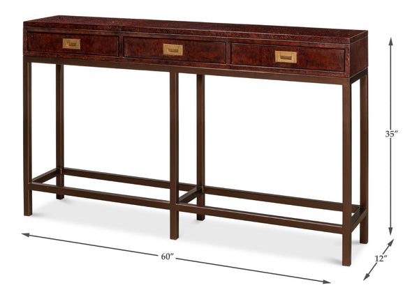 Sarreid Campaign Embossed Console - Luxurious Dark Brown Leather With Wood, Iron, Brass Accents For Style Brown  29859