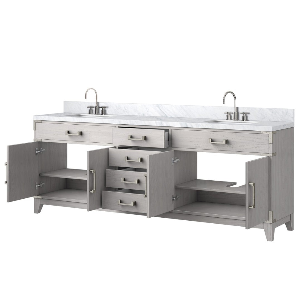 English Elm White Oak Double Bath Vanity 84" W With Carrara Marble Top, Chrome Faucet Set & Ample Storage Solutions B2731P259987-GIGA