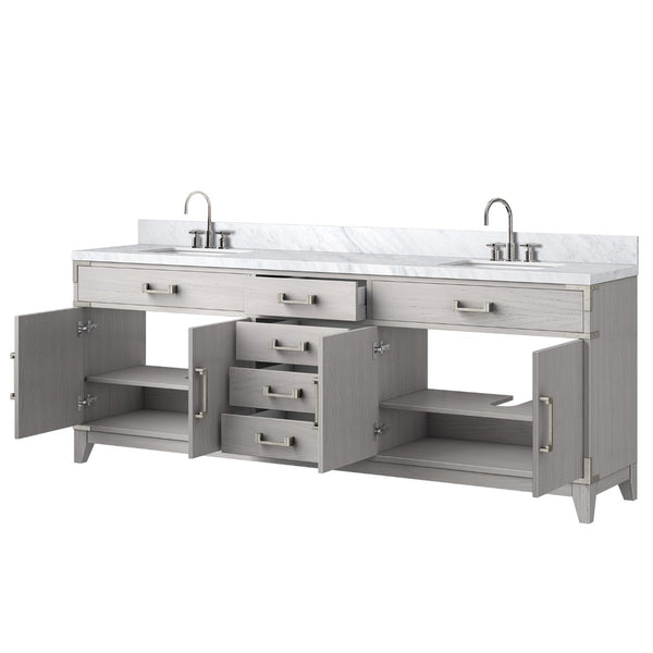 English Elm White Oak Double Bath Vanity 84" W With Carrara Marble Top, Chrome Faucet Set & Ample Storage Solutions B2731P259987-GIGA
