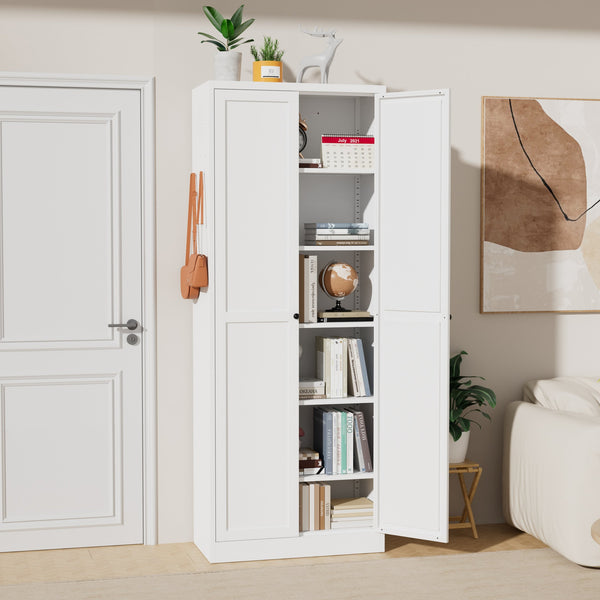 English Elm 72" Metal Pantry Cabinet White - Tool-Free 72" Freestanding Organizer, 5 Adjustable Shelves, 66lb/Shelf, Anti-Tip, Scratch-Resistant Quiet Doors T2398P350193
