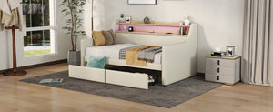 English Elm Twin Size Daybed With Storage Drawers, Led Lights & Charging Station – Stylish Beige Upholstered Design W1580S00022-GIGA