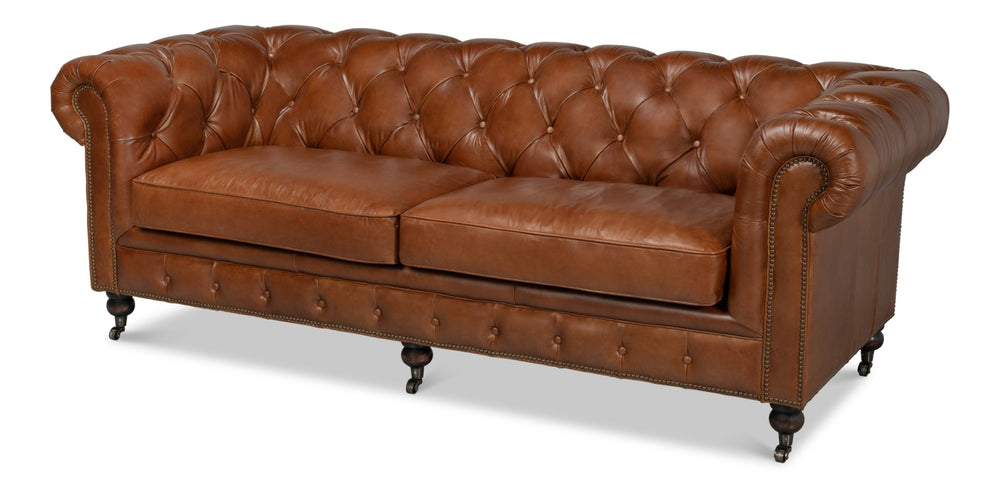 Sarreid Castered Chesterfield Sofa In Vintage Havana Leather With Wood Legs And Stylish Casters For Comfort Brown  29893
