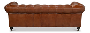Sarreid Castered Chesterfield Sofa In Vintage Havana Leather With Wood Legs And Stylish Casters For Comfort Brown  29893