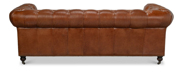 Sarreid Castered Chesterfield Sofa In Vintage Havana Leather With Wood Legs And Stylish Casters For Comfort Brown  29893