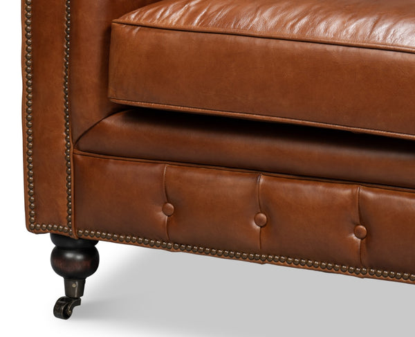 Sarreid Castered Chesterfield Sofa In Vintage Havana Leather With Wood Legs And Stylish Casters For Comfort Brown  29893