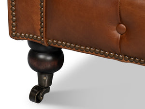 Sarreid Castered Chesterfield Sofa In Vintage Havana Leather With Wood Legs And Stylish Casters For Comfort Brown  29893