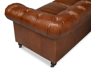 Sarreid Castered Chesterfield Sofa In Vintage Havana Leather With Wood Legs And Stylish Casters For Comfort Brown  29893