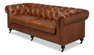 Sarreid Castered Chesterfield Sofa In Vintage Havana Leather With Wood Legs And Stylish Casters For Comfort Brown  29893