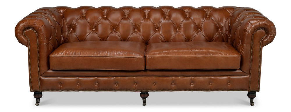 Sarreid Castered Chesterfield Sofa In Vintage Havana Leather With Wood Legs And Stylish Casters For Comfort Brown  29893