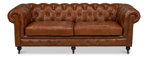 Sarreid Castered Chesterfield Sofa In Vintage Havana Leather With Wood Legs And Stylish Casters For Comfort Brown  29893