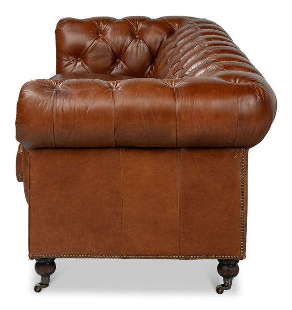 Sarreid Castered Chesterfield Sofa In Vintage Havana Leather With Wood Legs And Stylish Casters For Comfort Brown  29893
