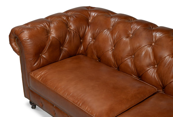 Sarreid Castered Chesterfield Sofa In Vintage Havana Leather With Wood Legs And Stylish Casters For Comfort Brown  29893
