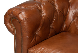 Sarreid Castered Chesterfield Sofa In Vintage Havana Leather With Wood Legs And Stylish Casters For Comfort Brown  29893