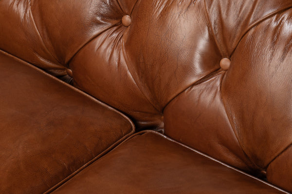 Sarreid Castered Chesterfield Sofa In Vintage Havana Leather With Wood Legs And Stylish Casters For Comfort Brown  29893