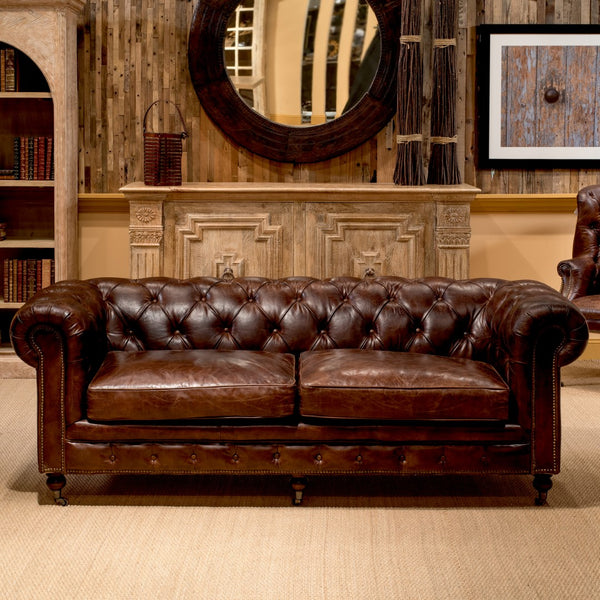 Sarreid Castered Chesterfield Sofa In Vintage Havana Leather With Wood Legs And Stylish Casters For Comfort Brown  29893