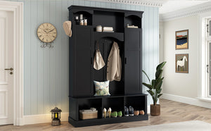 English Elm On-trend Farmhouse Hall Tree with Dual Cabinets Seven Hooks and Arched Entryway Storage Black N721S000078B