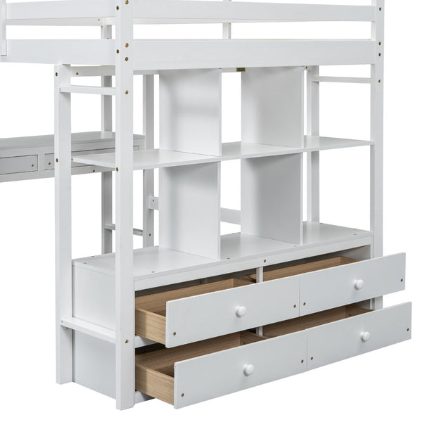 English Elm Full Size Loft Bed Pine Wood Frame with Desk Four Drawers and Shelves in White SM000320AAK-1