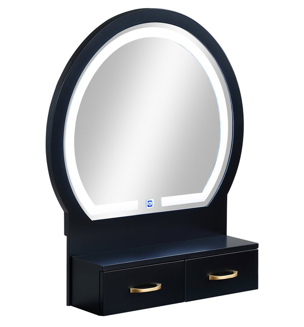 English Elm 3pc Vanity Set with LED Mirror and Cushioned Stool, Gold-Accented Handles, Sleek Modern Dressing Table Black 21.75 L x 33.25 W x 13.5 H B011P378509