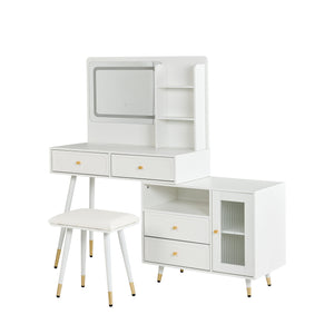 English Elm Modern Makeup Vanity Desk with LED 3-Color Mirror, Built-In Power Station, Sliding Cabinet, Stool White N844P288432A