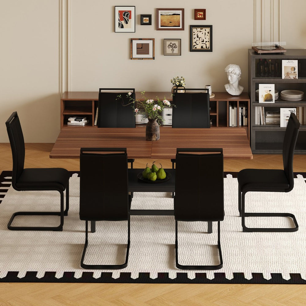 English Elm Table and Chair Set 71 Inch Walnut Grain Dining with 6 Pu Upholstered Seats Walnut+Black W1151S04278