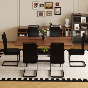 English Elm Table and Chair Set 71 Inch Walnut Grain Dining with 6 Pu Upholstered Seats Walnut+Black W1151S04278