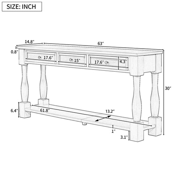 English Elm Trexm Distressed Entryway Console Table Three Drawers Open Shelf Mediterranean Wood Antique White N715P372052K