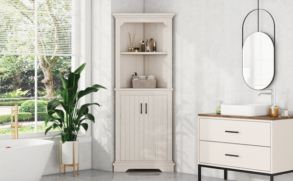 English Elm Tall Corner Cabinet with Open Shelves Enclosed Storage for Living or Dining Rooms W1580P425307