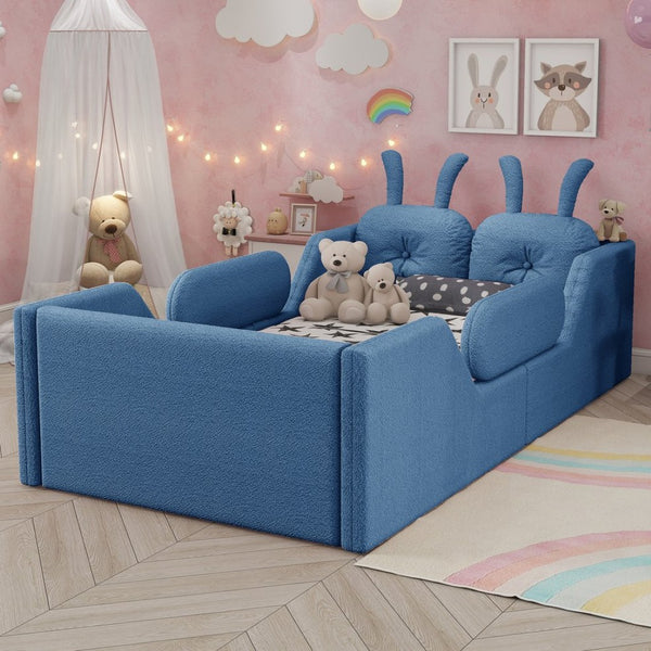 English Elm Twin Kids Platform Bed Teddy Fabric Upholstered with Bunny Cushions and Safety Rails Blue W2593P395808