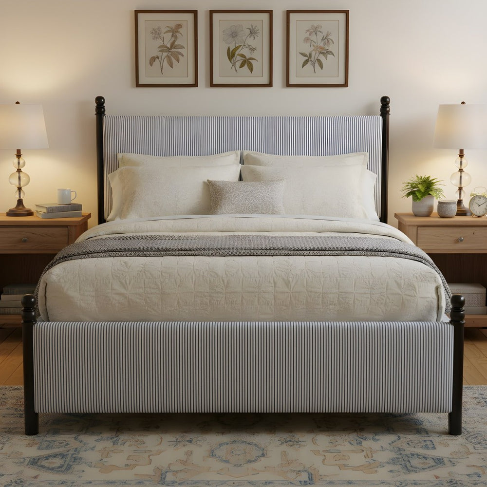 English Elm 48-inch Rubberwood Upholstered Queen Bed Vintage Sphere Post Padded Headboard N769P364062B