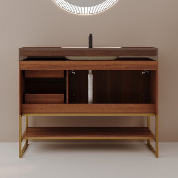 English Elm 36" Freestanding Bathroom Vanity Sintered Stone Top Integrated Basin Gold Hardware W3136S00058