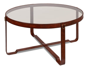 Sarreid Harness Round Coffee Table - Chic Smoke Glass Top With Brass Handles & Brown Antiqued Leather Base Brown  29906