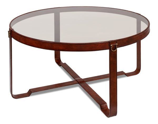 Sarreid Harness Round Coffee Table - Chic Smoke Glass Top With Brass Handles & Brown Antiqued Leather Base Brown  29906